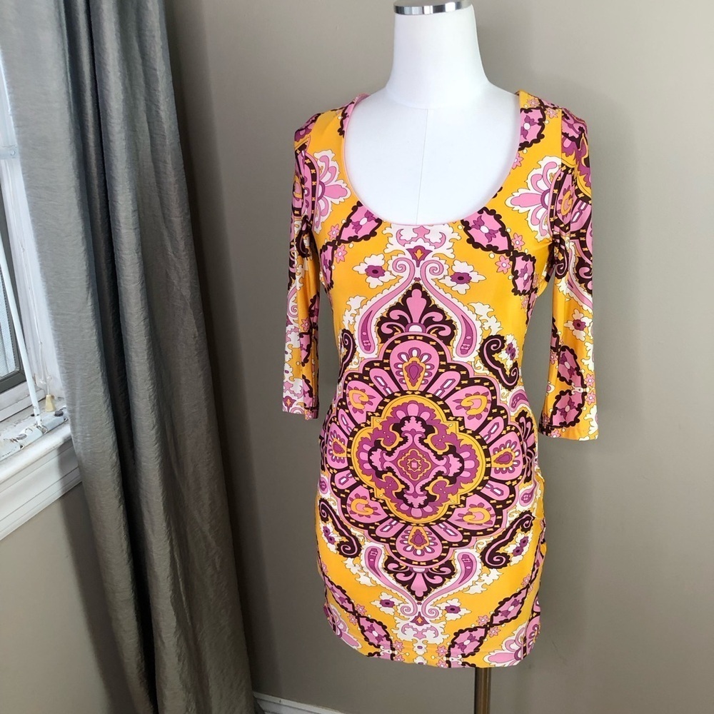Vintage 80's Mob Wife Stretch Pink Body Con Open Back Paisley Print Dress XS